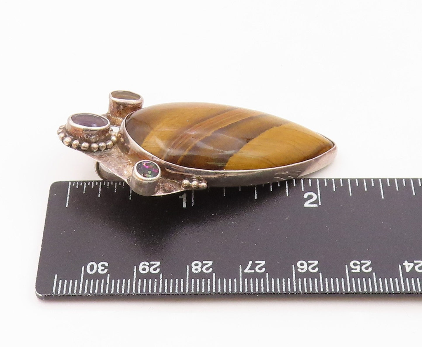 925 Silver  Vintage Tiger's Eye Topaz Citrine & Amethyst Pendant  PT14770