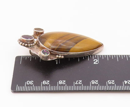925 Silver  Vintage Tiger's Eye Topaz Citrine & Amethyst Pendant  PT14770