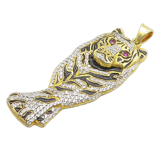 925 Sterling Silver  Shiny Topaz Gold Plated Tiger Motif Pendant  PT14373