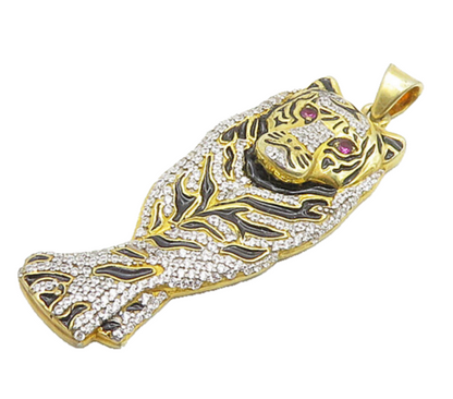 925 Sterling Silver  Shiny Topaz Gold Plated Tiger Motif Pendant  PT14373