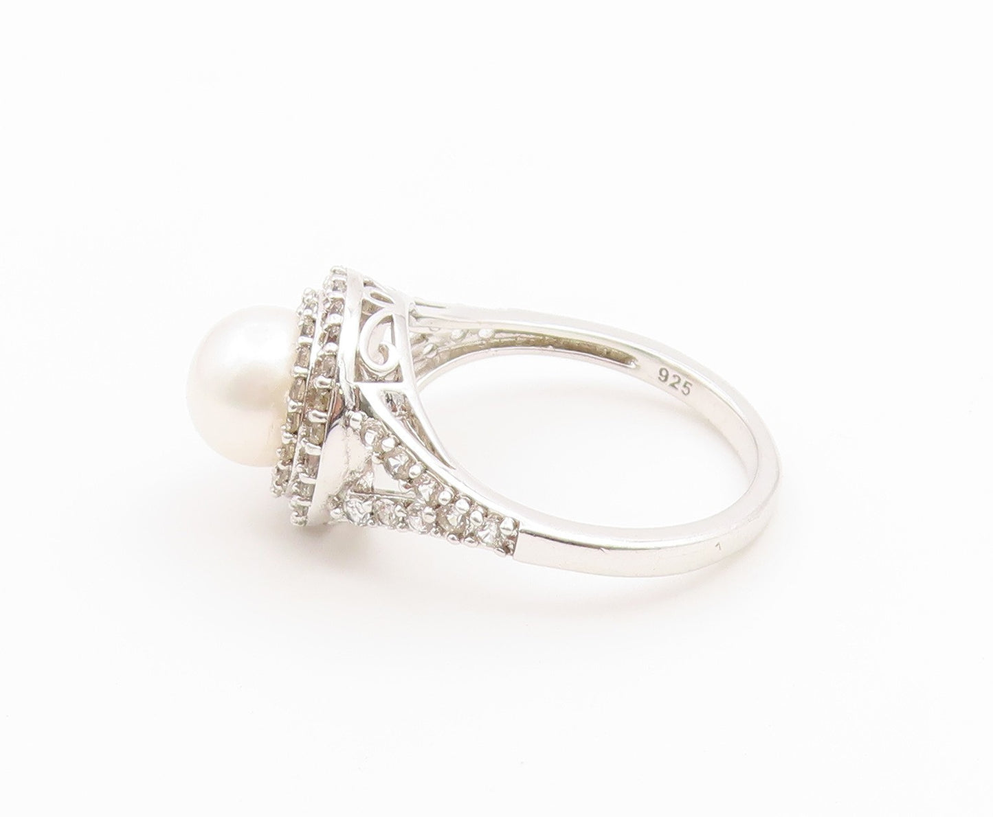 925 Sterling Silver Vintage Ring Pearl & Halo CZ Statement Band  Sz 7  RG36917