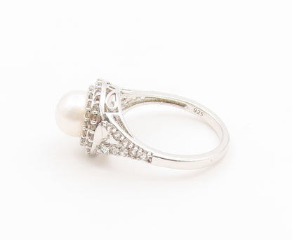 925 Sterling Silver Vintage Ring Pearl & Halo CZ Statement Band  Sz 7  RG36917