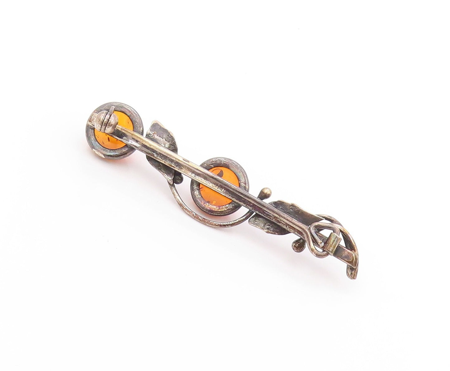 925 Sterling Silver Vintage Brooch Amber Dark Tone Floral Cutout  BP11510
