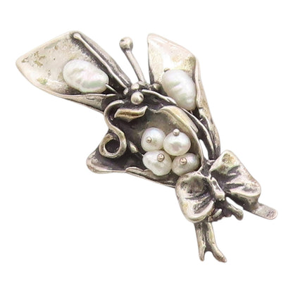 DESIGNER 925 Silver  Vintage Baroque Pearls Floral Butterfly Brooch Pin BP9257