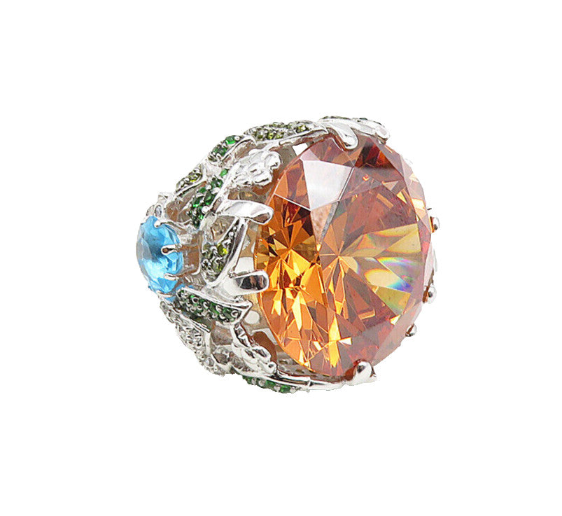 925 Sterling Silver   Citrine Cubic Zirconia & Topaz Cocktail Ring Sz 7 RG9180