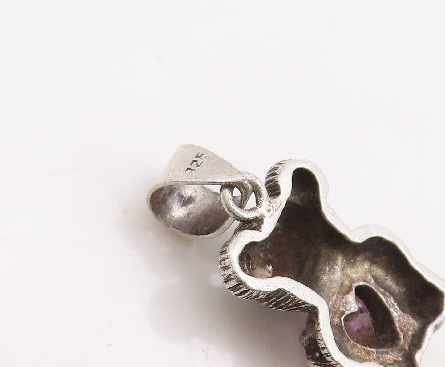 925 Sterling Silver Vintage Pendant Dark Tone Teddy With Pink CZ Heart  PT23698