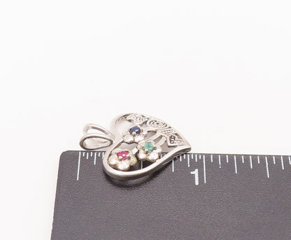 925 Sterling Silver Vintage Pendant Cutout Floral Topaz Heart For Mom  PT22627