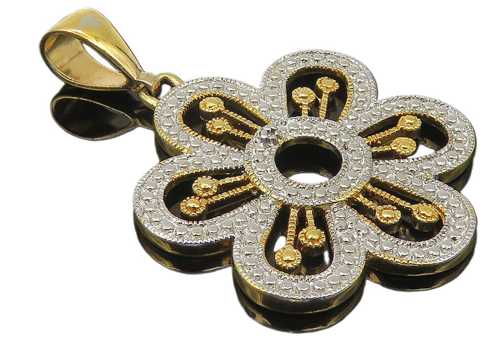 925 Sterling Silver  Shiny Two Tone Flower Motif Drop Pendant  PT8530