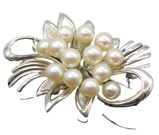 925 Sterling Silver  Vintage Shiny Pearl Cluster Ribbon Brooch Pin  BP8686