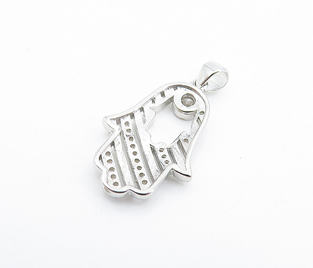 925 Sterling Silver  Sparkling Topaz Polished Cutout Hamsa Pendant  PT5586