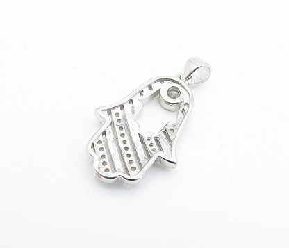 925 Sterling Silver  Sparkling Topaz Polished Cutout Hamsa Pendant  PT5586