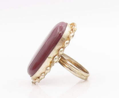 925 Sterling Silver Vintage Ring Large Cabochon Agate Rope Edge  Sz 7.5  RG34179