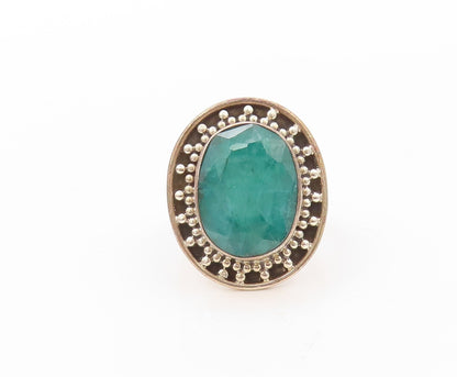 925 Sterling Silver Vintage Ring Oval Green Gemstone Beaded Frame Sz 8.5 RG30757