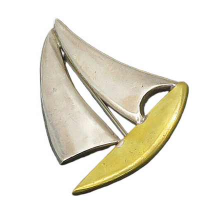 MEXICO 925 Sterling Silver  Vintage Shiny 2 Tone Sail Boat Brooch Pin  BP8696