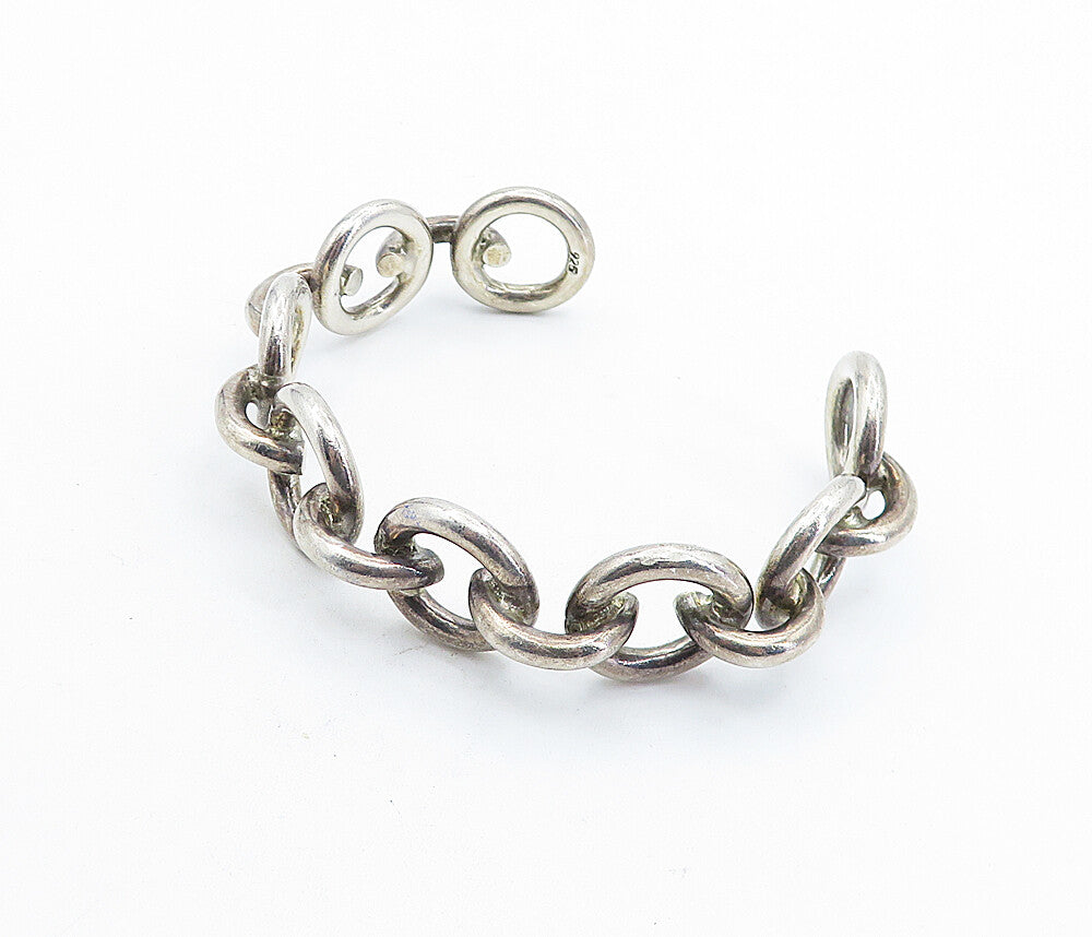 925 Sterling Silver Vintage Shiny Round Macaroni Link Cuff Bracelet BT2060