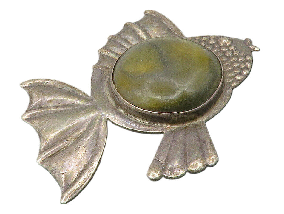 MEXICO 925 Sterling Silver  Vintage Antique Jasper Fish Brooch Pin  BP5217