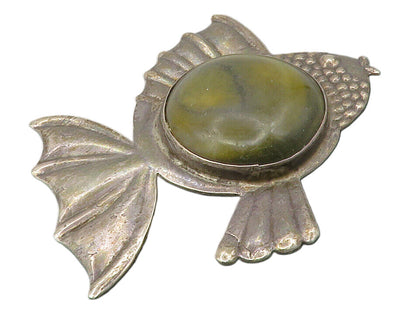 MEXICO 925 Sterling Silver  Vintage Antique Jasper Fish Brooch Pin  BP5217