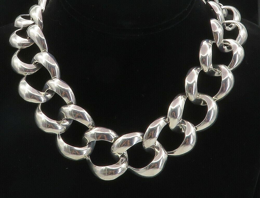 MEXICO 925 Sterling Silver  Vintage Shiny Large Open Chain Necklace  NE1600