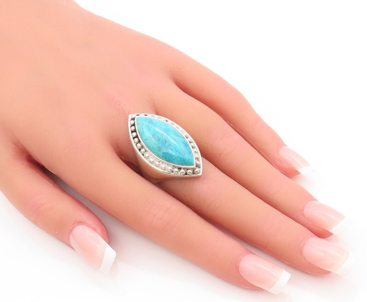 925 Sterling Silver Vintage Ring Beaded Oval Cabochon Turquoise  Sz 7  RG28518