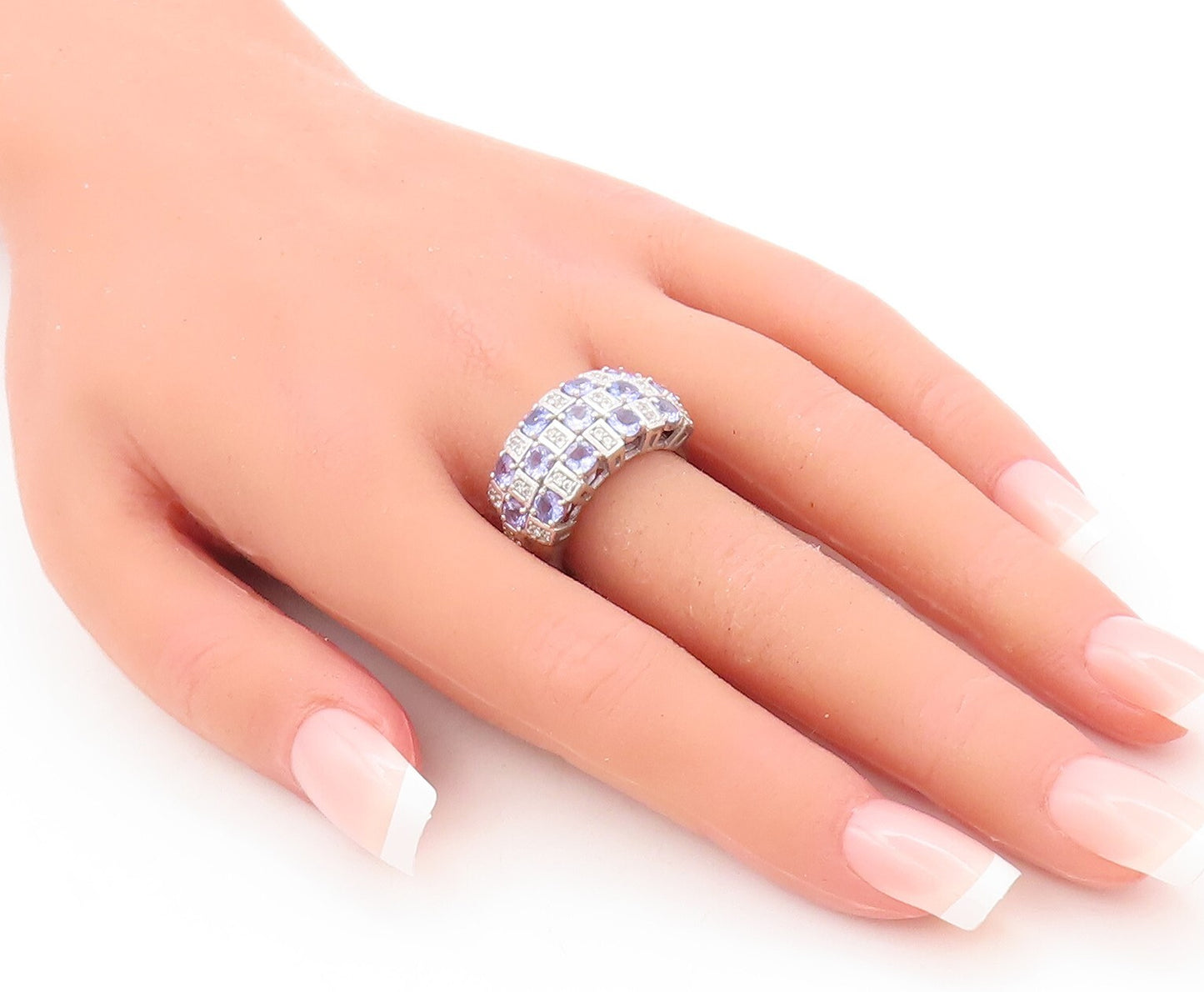 925 Sterling Silver Vintage Ring Box Design Tanzanite & Sapphire Sz 7.5  RG29481
