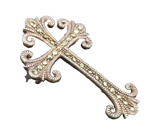 925 Sterling Silver Vintage Pendant Marcasite Swirly Carved Ends Cross  PT22513