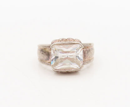 925 Sterling Silver  Vintage CZ Beaded Raised Bordered Ring Sz 6.5  RG27310