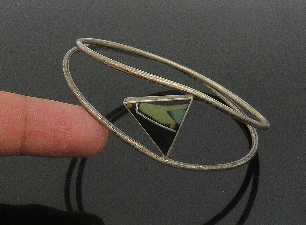 925 Silver  Vintage Black Onyx & Turquoise Modernist Bangle Bracelet  BT9197