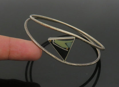 925 Silver  Vintage Black Onyx & Turquoise Modernist Bangle Bracelet  BT9197