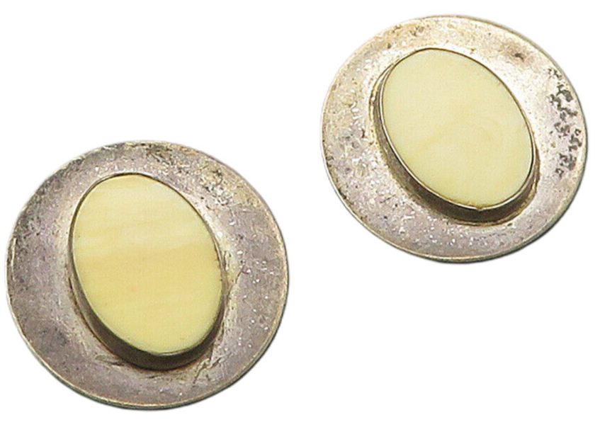 925 Sterling Silver  Vintage Unknown Stone Round Button Drop Earrings  EG8280