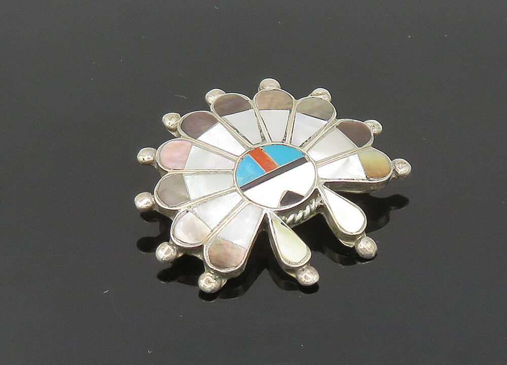 ZUNI NAVAJO 925 Silver Vintage Mother Of Pearl Multi Stone Brooch Pin BP8015