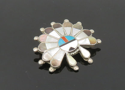 ZUNI NAVAJO 925 Silver Vintage Mother Of Pearl Multi Stone Brooch Pin BP8015