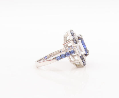 925 Sterling Silver Vintage Ring Rectangle Cut Blue White CZ Inlay Sz 7  RG29550