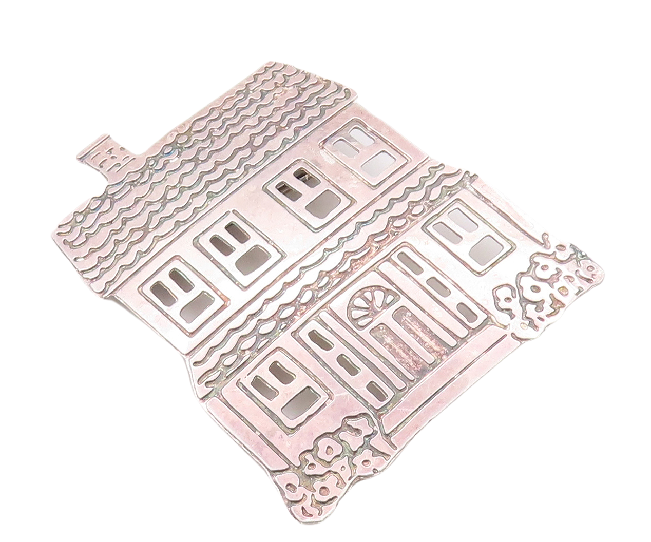 925 Sterling Silver Vintage Brooch Pin Solid Carved Family House  BP11192