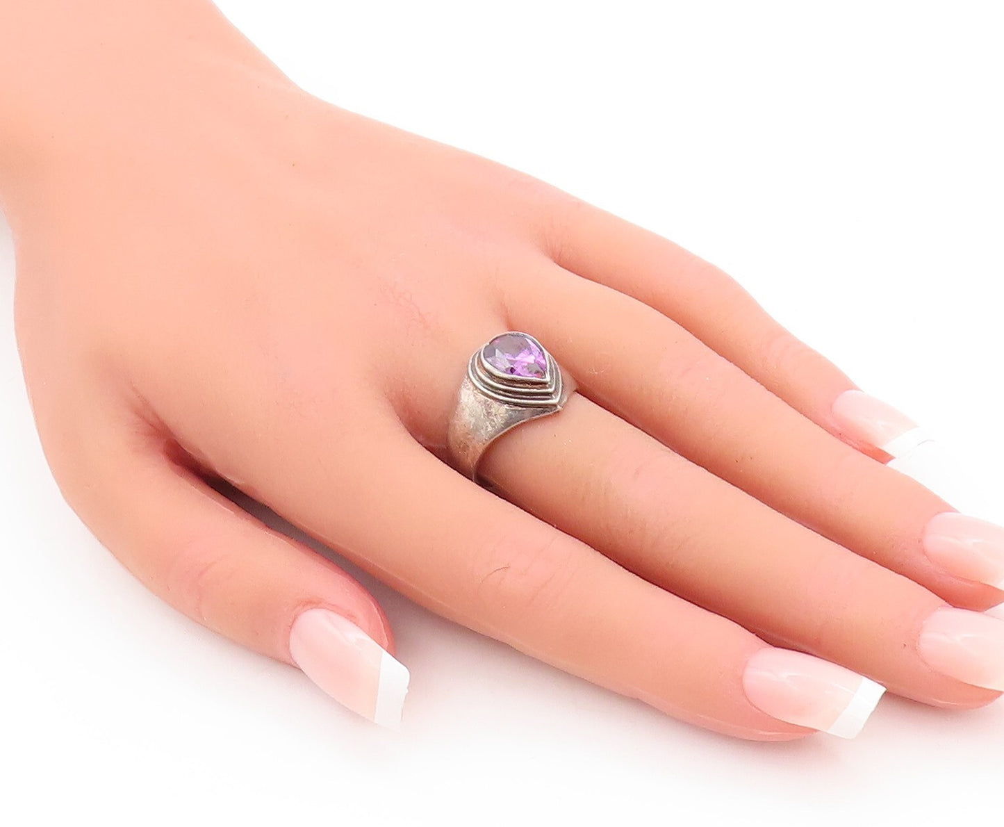 925 Sterling Silver Vintage Ring Drop Shape Step Carved Amethyst  Sz 7  RG29075