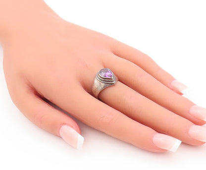925 Sterling Silver Vintage Ring Drop Shape Step Carved Amethyst  Sz 7  RG29075