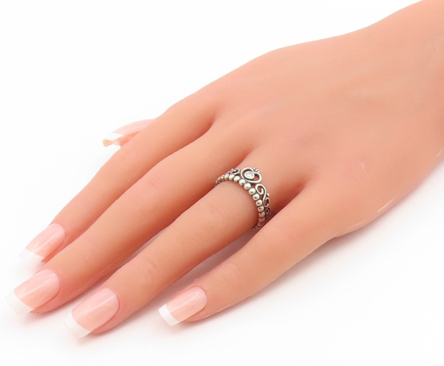 925 Sterling Silver Vintage Ring PANDORA CZ Princess Heart Crown  Sz 7  RG35139