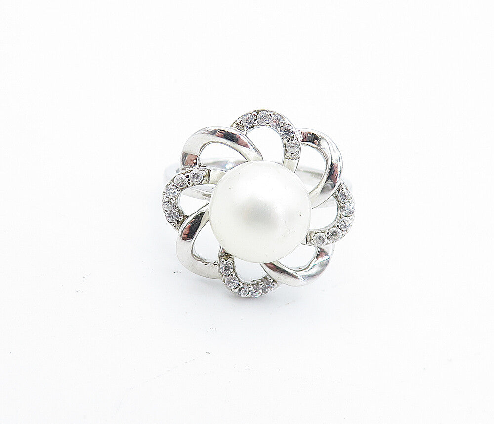 925 Sterling Silver  Vintage Pearl & Topaz Floral Cocktail Ring Sz 7  RG5187