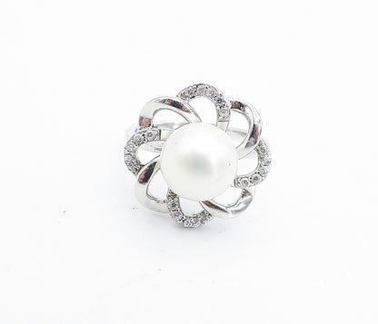 925 Sterling Silver  Vintage Pearl & Topaz Floral Cocktail Ring Sz 7  RG5187