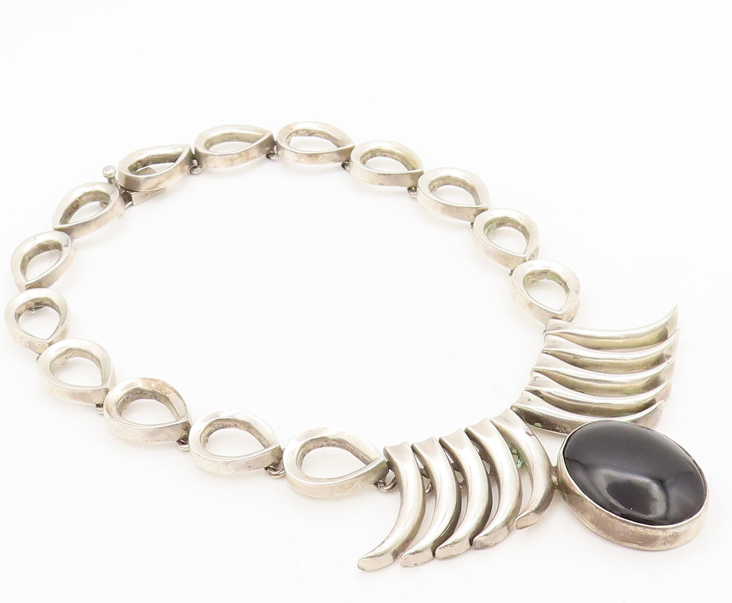 925 Sterling Silver Vintage Necklace MEXICO Animal Teeth Oval Onyx Heavy  NE4228