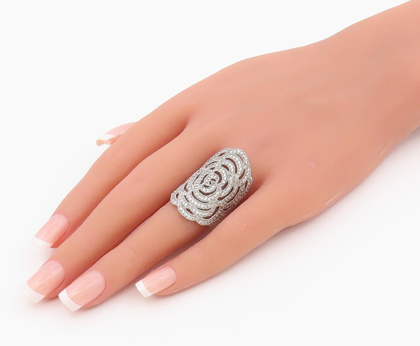 925 Sterling Silver Vintage Ring CZ Pave Intricate Openwork Rose Sz 7.5 RG36631