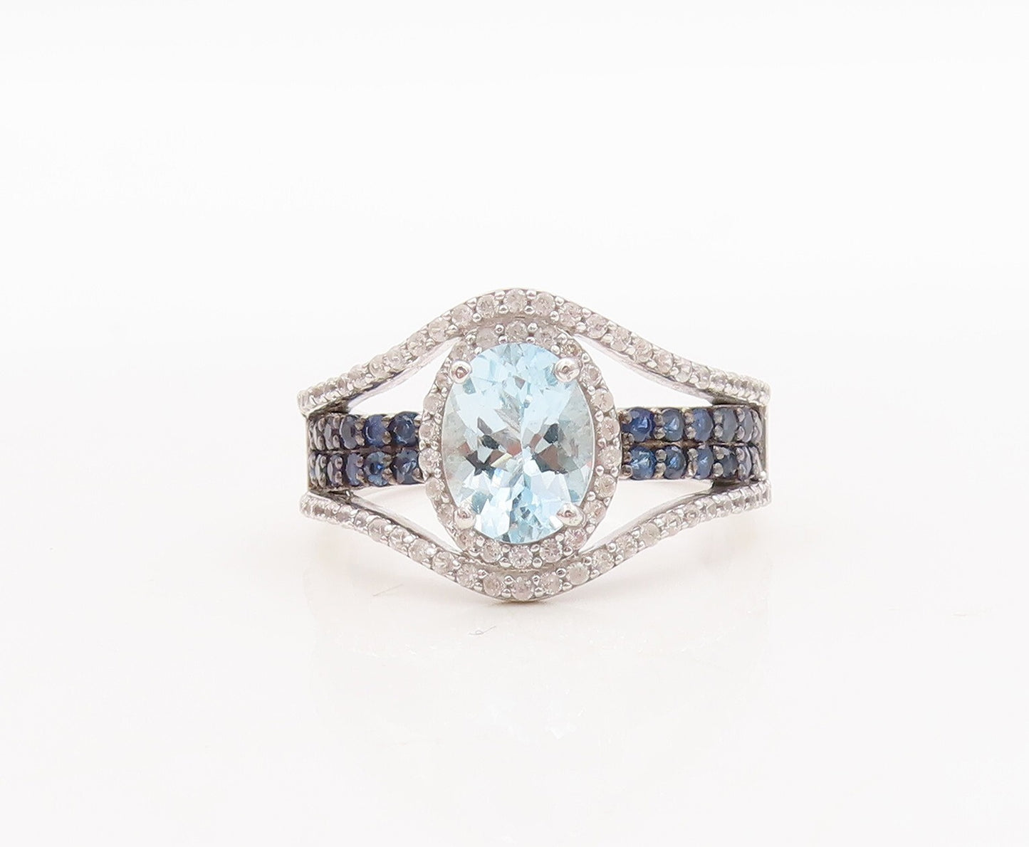 925 Sterling Silver Vintage Ring Cutout Blue White Topaz Sapphire Sz 7.5 RG29666