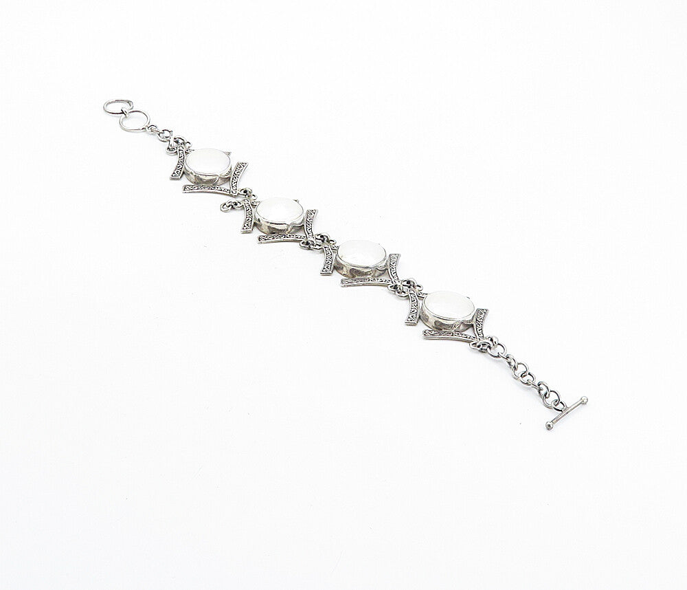 925 Sterling Silver  Vintage Mother Of Pearl Swirl Chain Bracelet  BT3721
