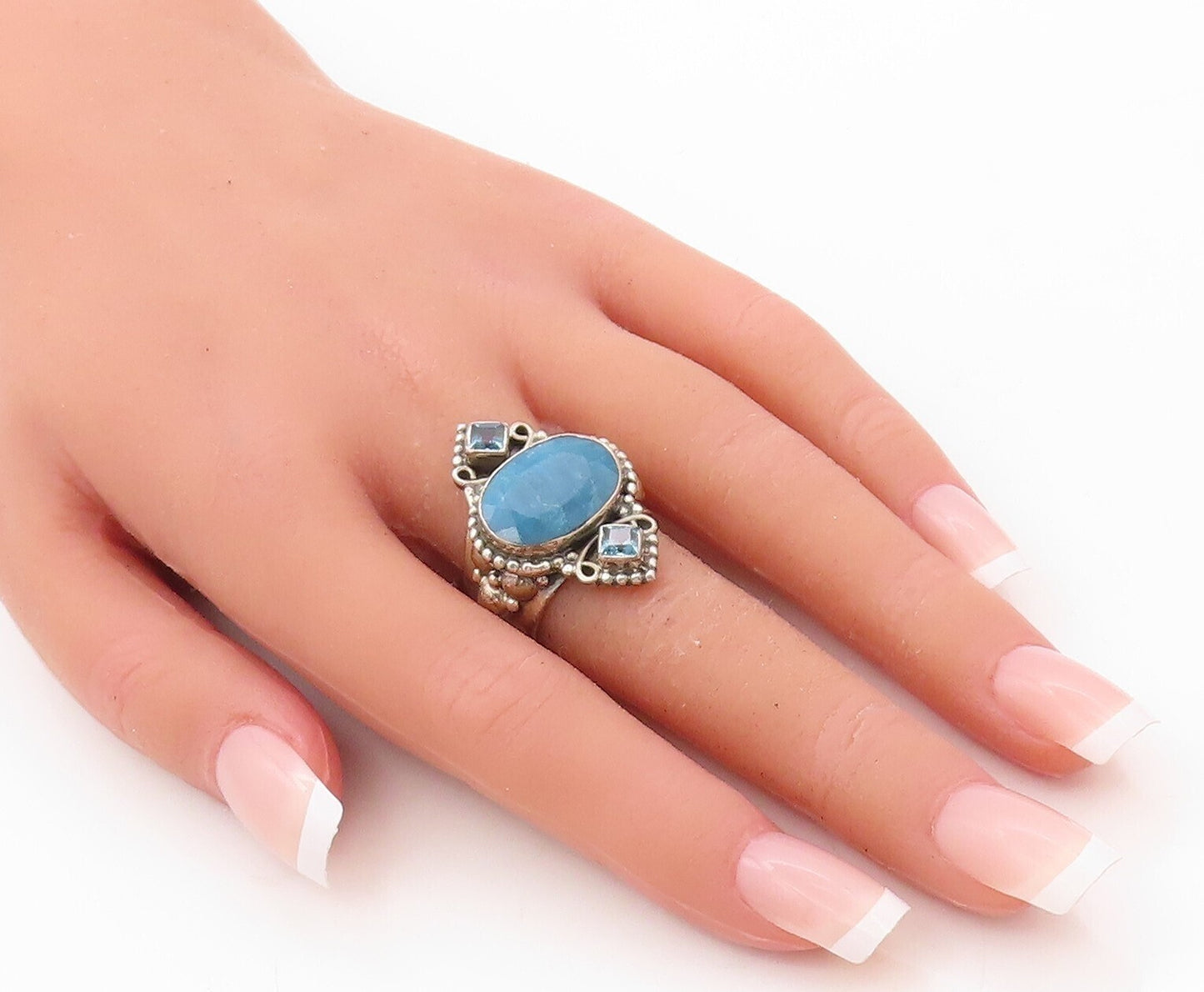 925 Sterling Silver Vintage Ring Carved Oval Gemstone Blue Topaz  Sz 8  RG30572