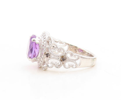 925 Sterling Silver Vintage Ring Swirly Carved Round Cut Amethyst  Sz 9  RG31387