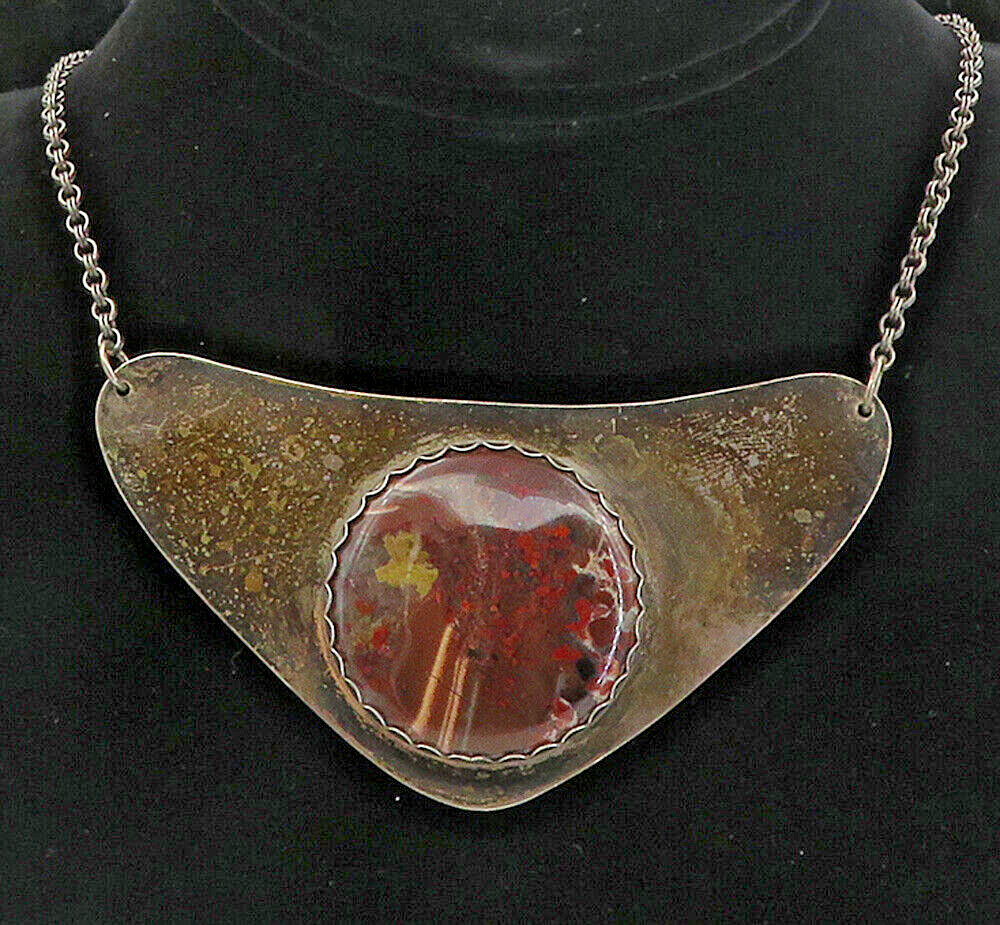 925 Sterling Silver  Vintage Red Agate Oxidized Pendant Chain Necklace  NE1703