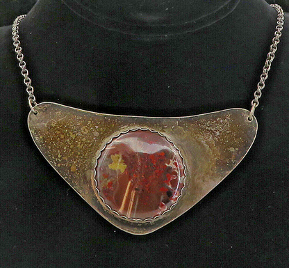 925 Sterling Silver  Vintage Red Agate Oxidized Pendant Chain Necklace  NE1703
