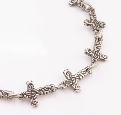925 Sterling Silver Vintage Necklace Religious Swirly Carved Cross Linked NE4271