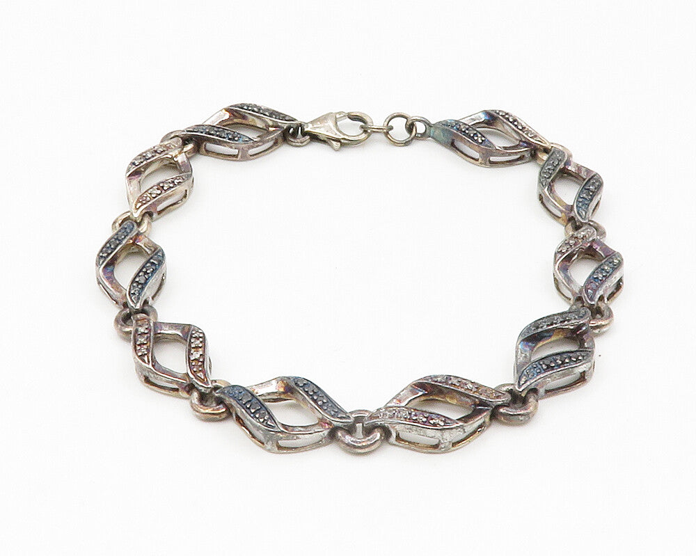925 Sterling Silver Vintage Genuine Black & White Diamonds Chain Bracelet BT5316