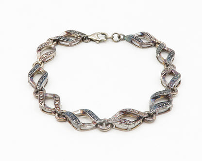 925 Sterling Silver Vintage Genuine Black & White Diamonds Chain Bracelet BT5316