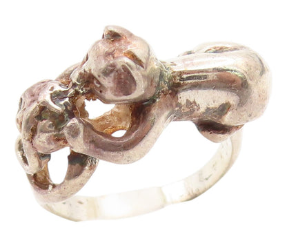 925 Sterling Silver Vintage Ring Modernist Playing Cat Motif Band  Sz 9  RG36099